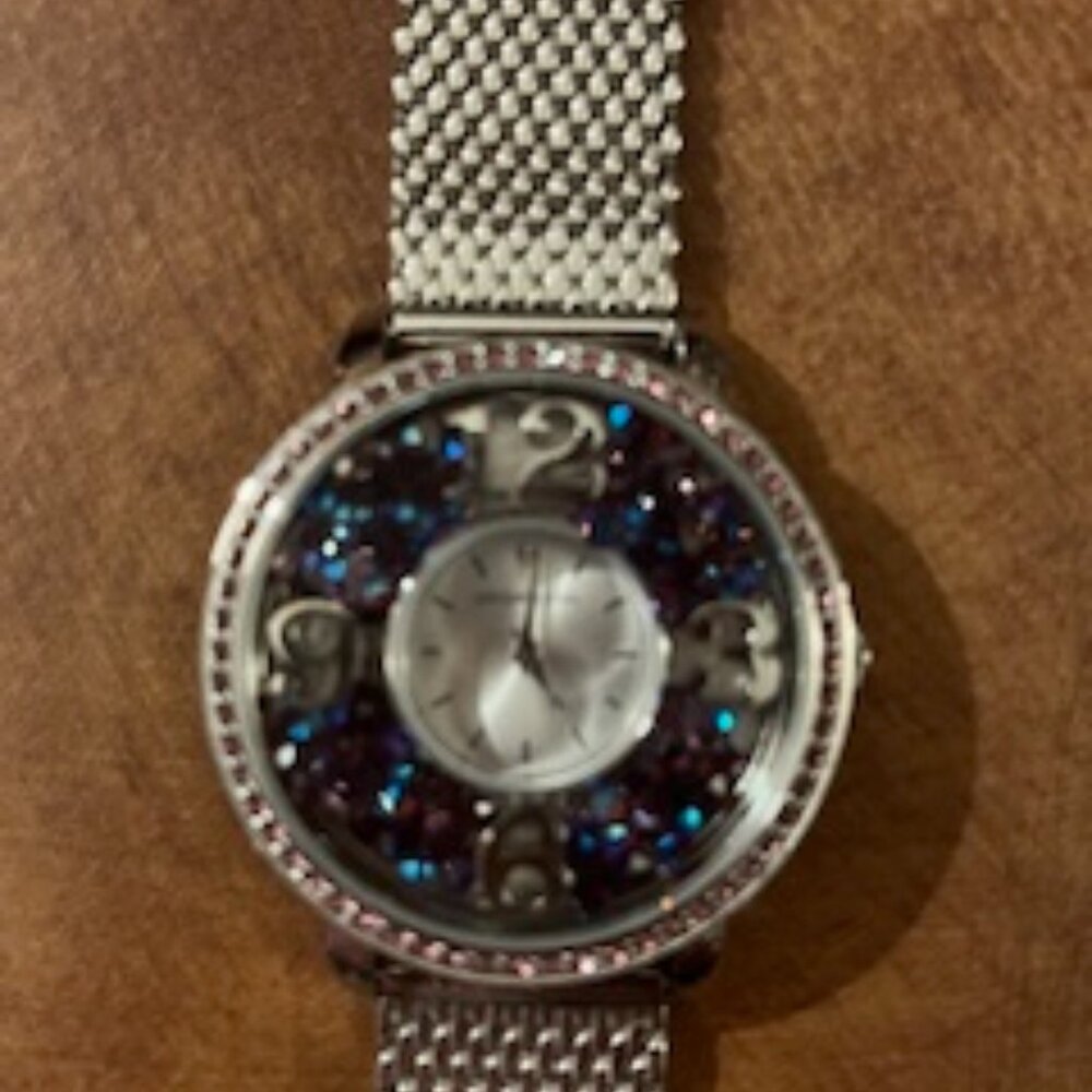 Origami Owl Silver Watch with purple & teal sparkles, adjustable band